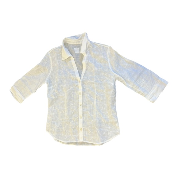 120 lino Tops - 120% Lino Embroidered Blouse White 3/4 Sleeve Button Down Blouse Size Small
